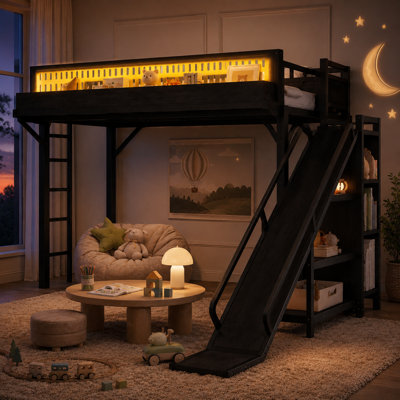 Lit mezzanine robuste en métal noir avec glissade, garde-robe, tablettes de rangement, ports de chargement USB et éclairage ambiant à DEL.