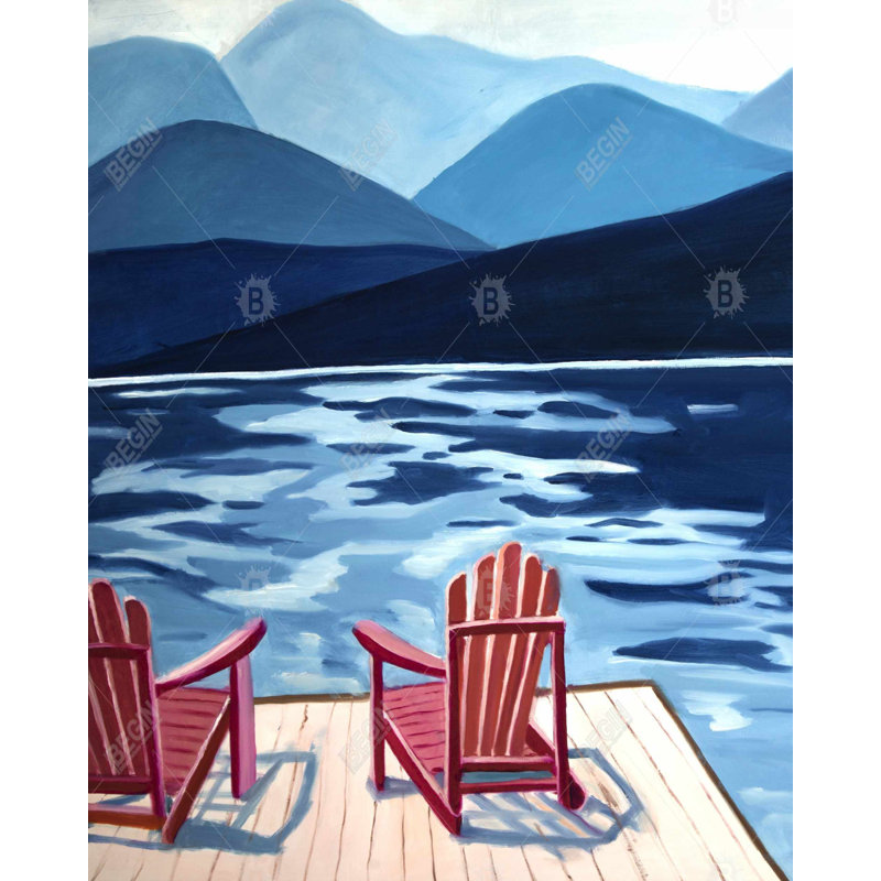 Lake, Dock, Mountains And Chairs Print On Canvas, H 60 po x l 48 po