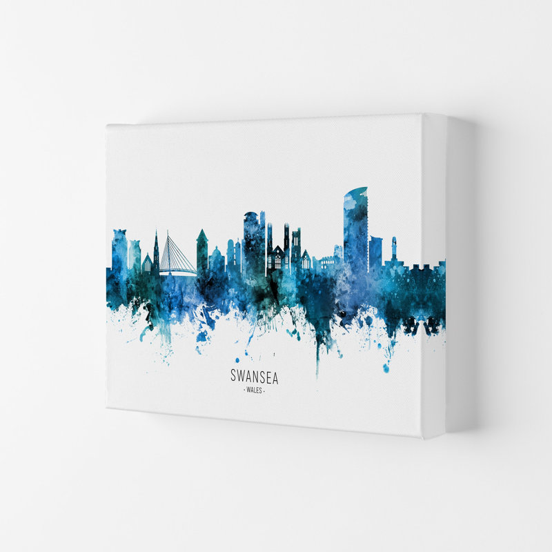 Swansea Wales Skyline Blue City Name by Michael Tompsett - Print, 42cm H x 59.4cm W x 4cm D, Wrapped Canvas