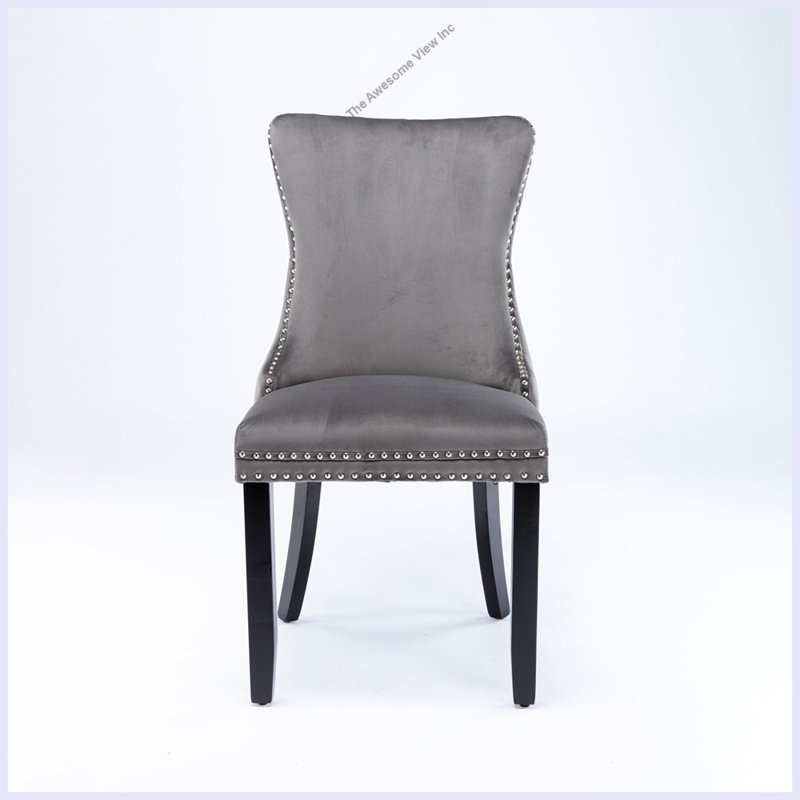 Chaise de salle à manger rembourrée moderne à oreilles avec garniture cloutée, Gris