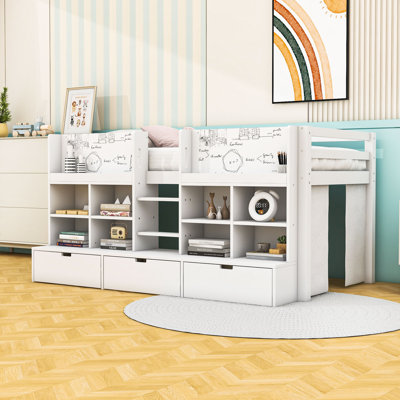 Multi-Functional Wooden Low Loft Bed with Built-in Storage Drawers and Shelves