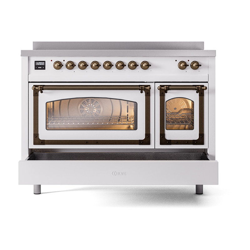 ILVE Nostalgie II Noblesse 48 dans la gamme d'induction, 6 éléments d'induction (porte en verre), Blanc / bruni
