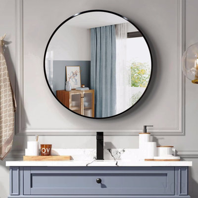 36 Inch Black Metal Framed Round Bathrrom Mirror For Wall.