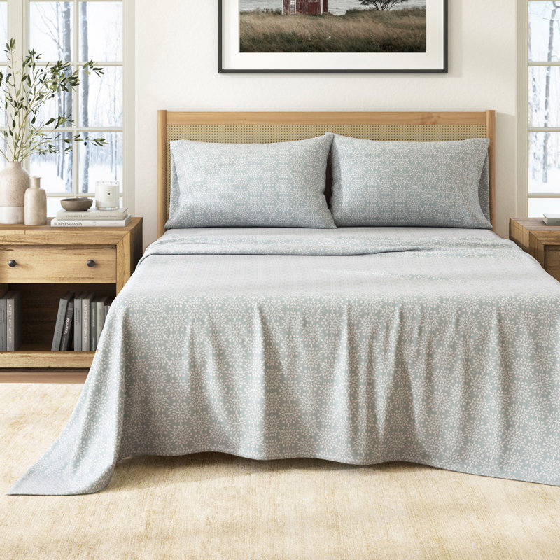 100% Turkish Cotton Winter Flannel Sheet Set, Snowflake - Mosaic Blue, Twin with 1 Pillowcase