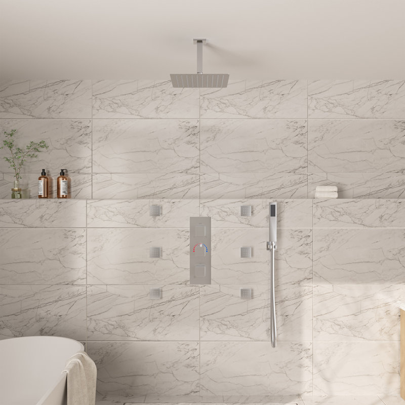 3-Function Ceiling Mounted Thermostatic Rainfall Shower System with 6 Body Jets and Rough-in Valve, Brushed Gold