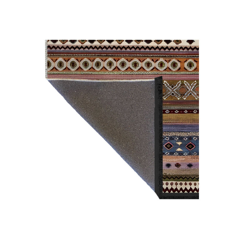 Dark Toned Multi Colored Stripe Sectioned Mixed Geometric Shape Patterned Modern Decorative Rug Machine Washable