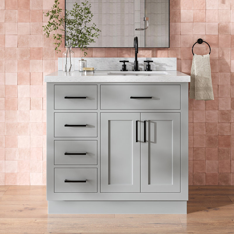 ARIEL HEPBURN 37 IN RIGHT OFFSET RECTANGULAR SINK VANITY 1,5 IN, Gray, Rectangular, Right