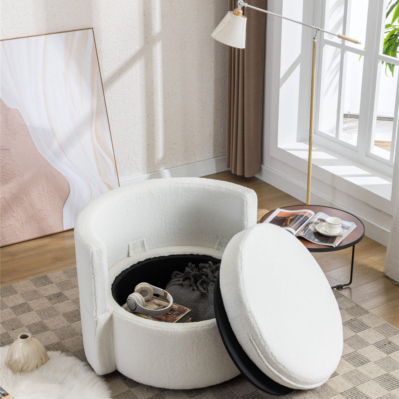Fauteuil demi-tonneau pivotant avec rangement, Blanc peluche