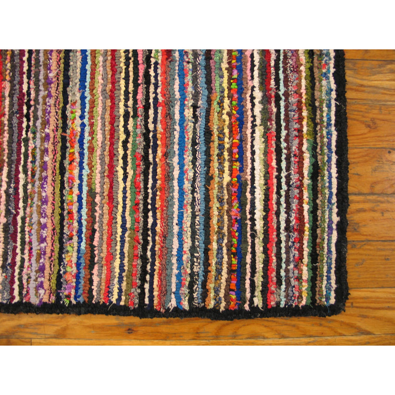 Small Colorful Stripped Antique Modernist American Hooked Area Rug
