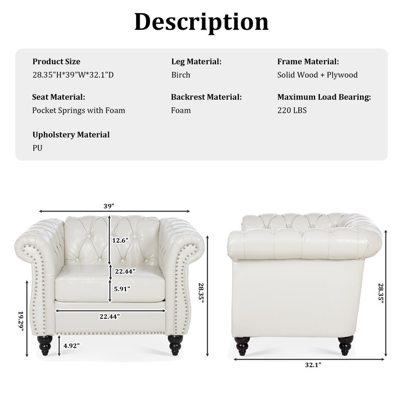 Fauteuil Chesterfield l 39 po Fairport, Similicuir blanc
