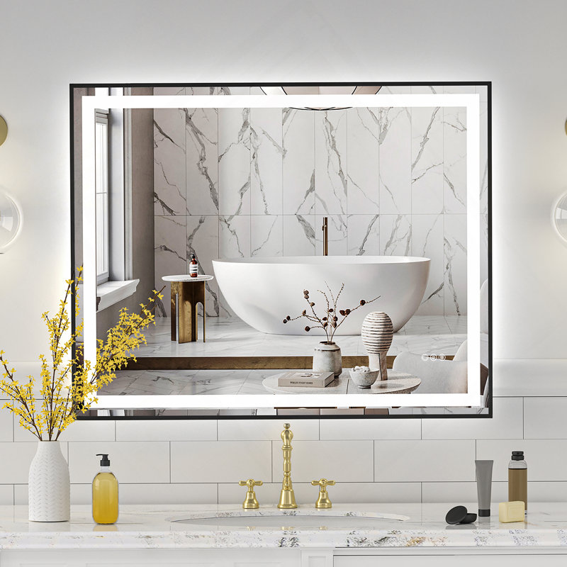40 po x 32 po noir avec miroir argenté et deux bandes de lumière DEL à l'avant et à l'arrière, 40 po x 32 po, Noir