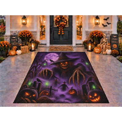 Tapis d'extérieur 152 x 213 cm (5 pi x 7 pi) motif épouvantail à griffes d'Halloween, épais, imperméable, en PVC bouclé, résistant, séchage rapide, idéal pour terrasse, balcon, entrée ou porche.