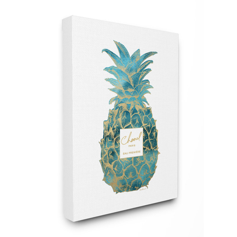 «Fashion Designer Pineapple Blue Gold», art textuel, Toile tendue, H 30 po x l 24 po