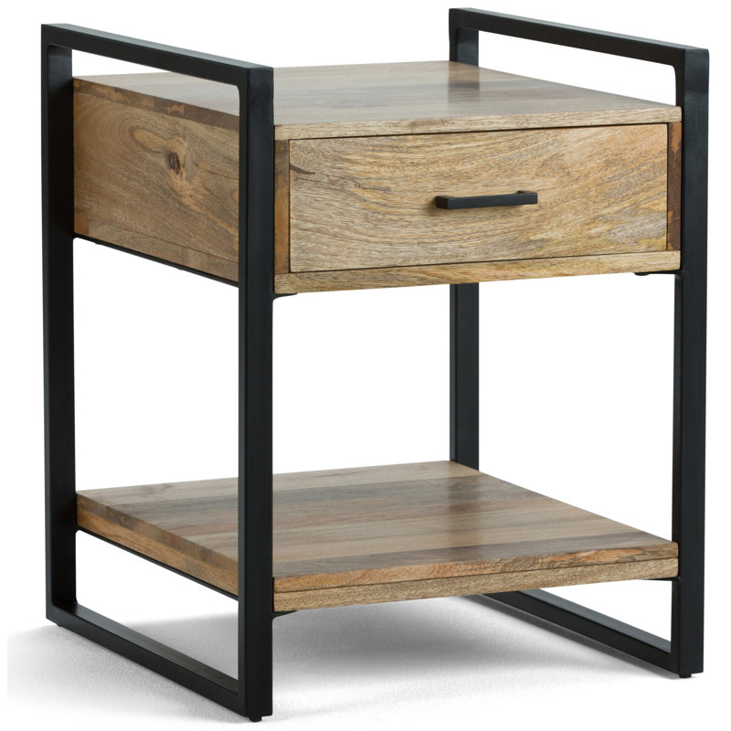 Riverside Black Metal and Natural Wood 20" Industrial Side Table with Storage