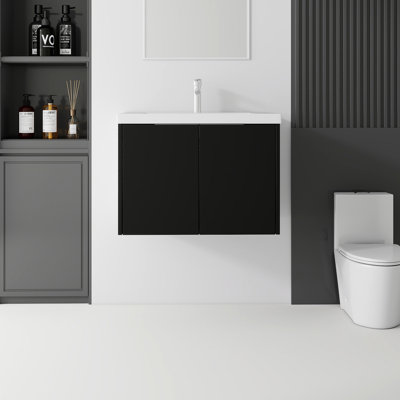 Meuble-lavabo flottant avec lavabo, porte à fermeture en douceur, lavabo en céramique, contreplaqué