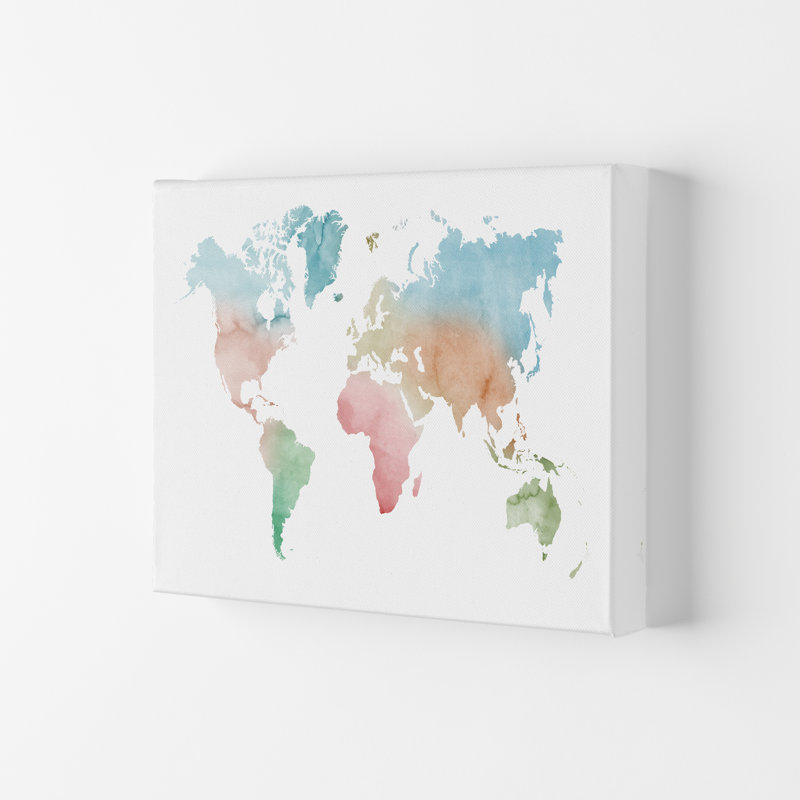 Watercolour World Map - Pastels - Print, 84cm H x 59.4cm W x 4cm D, Wrapped Canvas