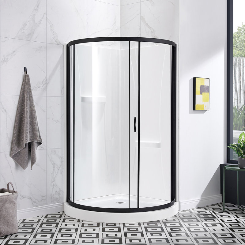 Breeze 40 in. L x 40 in. W x 76.18 in. H Round Corner Shower Kit in Matte Black, Clear Sliding Door, Walls and Pan, Black