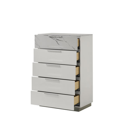 Commode blanche brume - Finition bicolore très brillante en marbre et laque avec cinq tiroirs à glissement lisse, tiroir supérieur doublé de velours