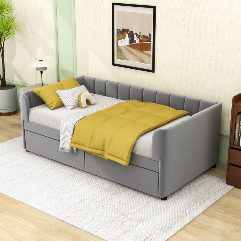 2 Drawers Upholstered Twin Daybed with Sturdy Slats, Gray