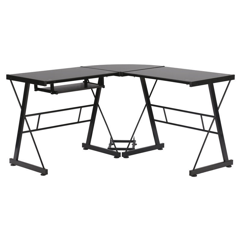 L-Shaped Glass Top Metal Base Computer Desk