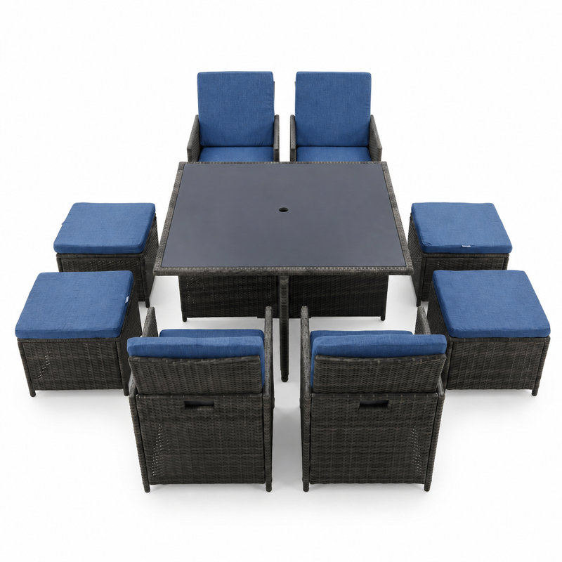 Ensemble de conversation d'extérieur en rotin avec coussins 9 pièces Mountain, Bleu