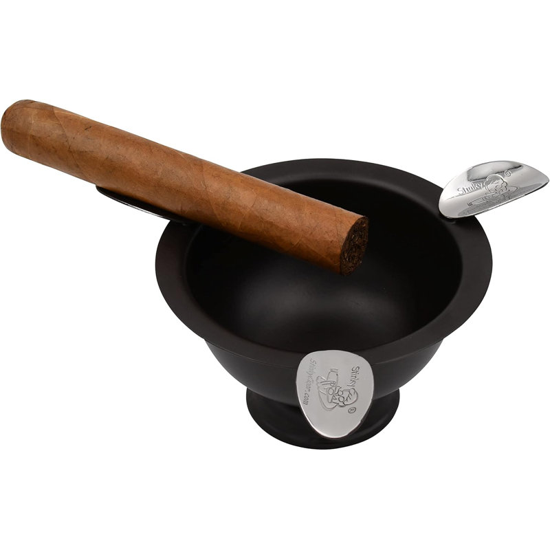 Stinky Cigar Ashtray 5"inch Round Mini Herf 3 Stirrup, Silver, Brown