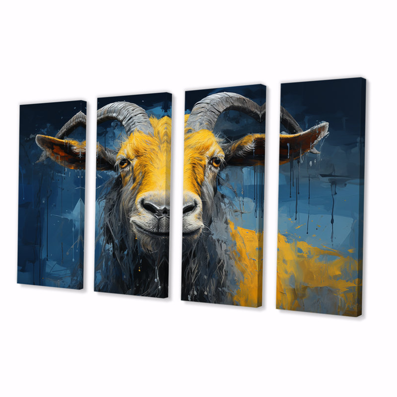 «Yellow and Blue Goat Meadow Wondering Portrait II - Chèvre», art mural 4 pièces, H 32 po x l 64 po