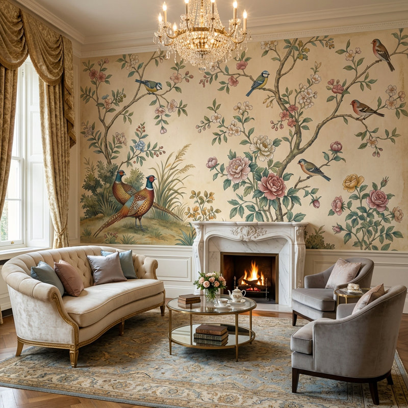 Papier peint floral oiseaux rétro, 120" x 96", Peler et coller
