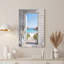 Toile ouverte sur un cadre de porte blanc avec océan turquoise et mouettes-133498893