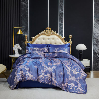 Ensemble d'édredon jacquard pour lit très grand avec draps en satin bleu, 8 pièces, broderie royale, décoration néo-classique, lit de luxe doux pour hôtel dans un sac avec 1 housse de coussin