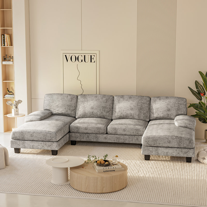 6 Seat U-Shaped Sectional Sofa, 105" Wide Modern Soft Sofa Couch with Double Chaises, Gray Chenille