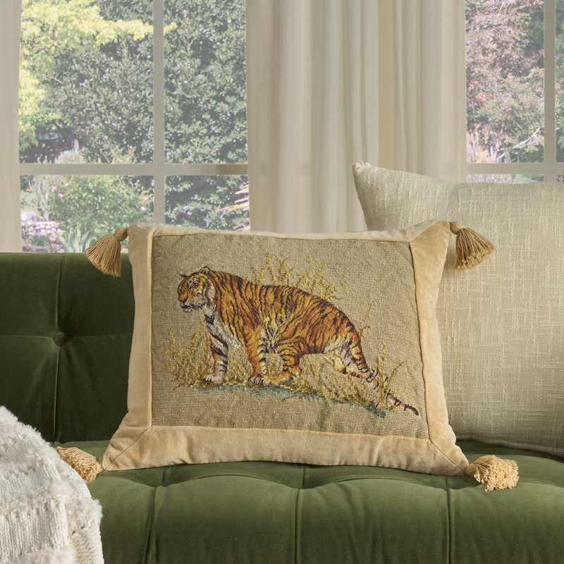 Mina Victory Vintage Pillow Tiger 19" x 23" Beige Indoor Throw Pillow