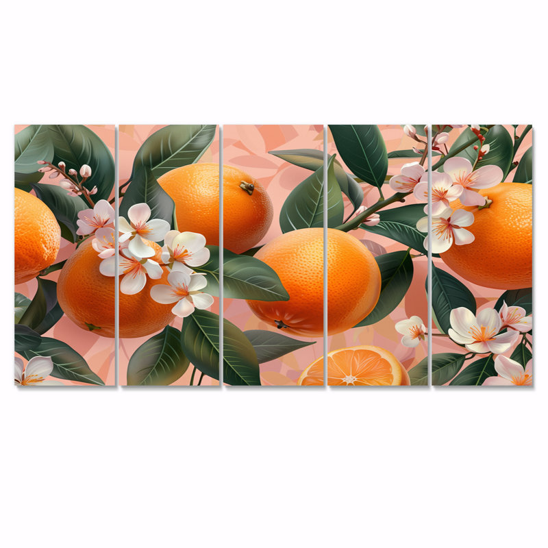Ensemble de salon art floral jaune, rose, orange, orange, arbres IV, H 28 po x l 60 po