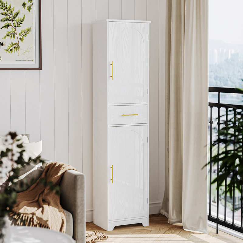 Armoire de rangement haute pour salle de bain, armoire de plancher avec 2 portes, 4 tablettes réglables, armoire de coin haute étroite, organisateur de salle de bain avec tablette réglable pour la cuisine, salon, blanc