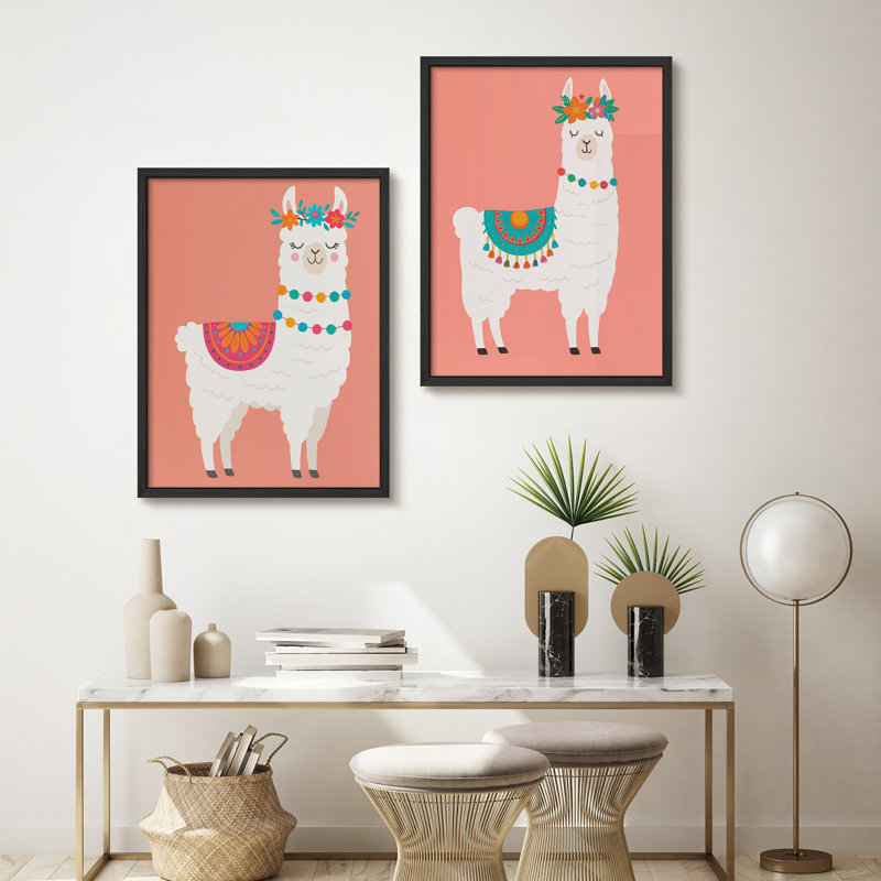 Ensemble d'art mural encadré Boho Llama, Noir, H 16 po x l 12 po