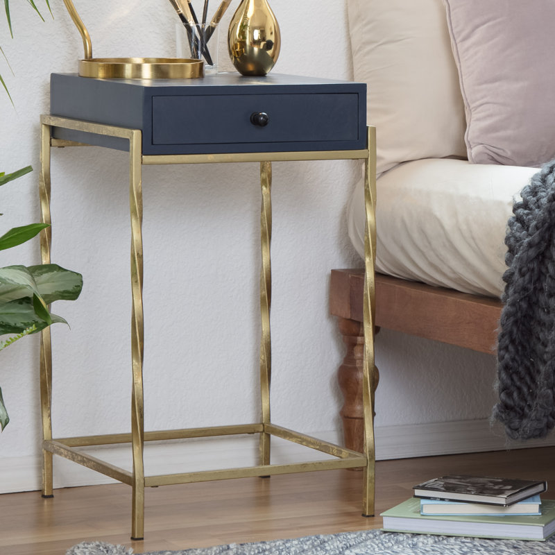 Navy Blue Mango Wood Accent Table with Gold Metal Frame