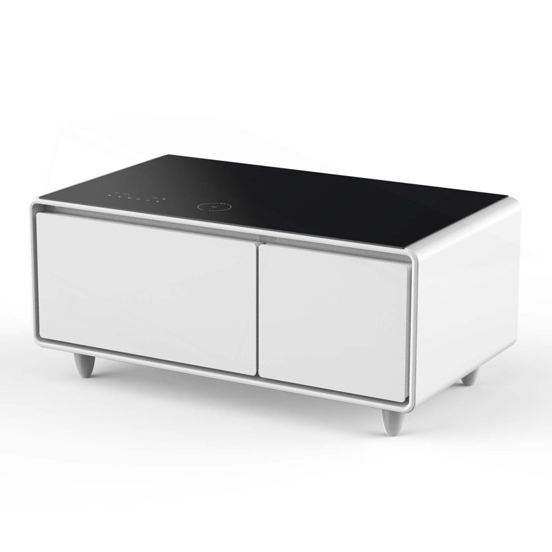 Table basse moderne et intelligente avec réfrigérateur intégré, haut-parleur Bluetooth, chargement sans fil, panneau de commande tactile, ports USB, protection de prise de courant, lumière d'ambiance