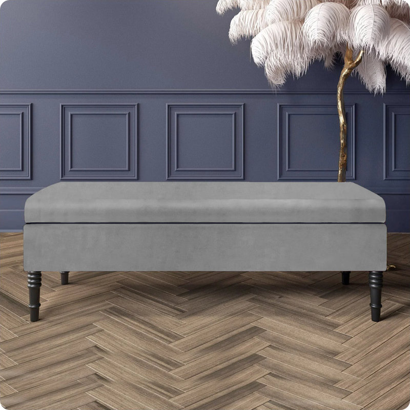 Safar Plain Upholstered Plush Velvet Ottoman Storage Bench with Black Turned Wooden Legs, Silver, 40cm H x 120cm W x 40cm D