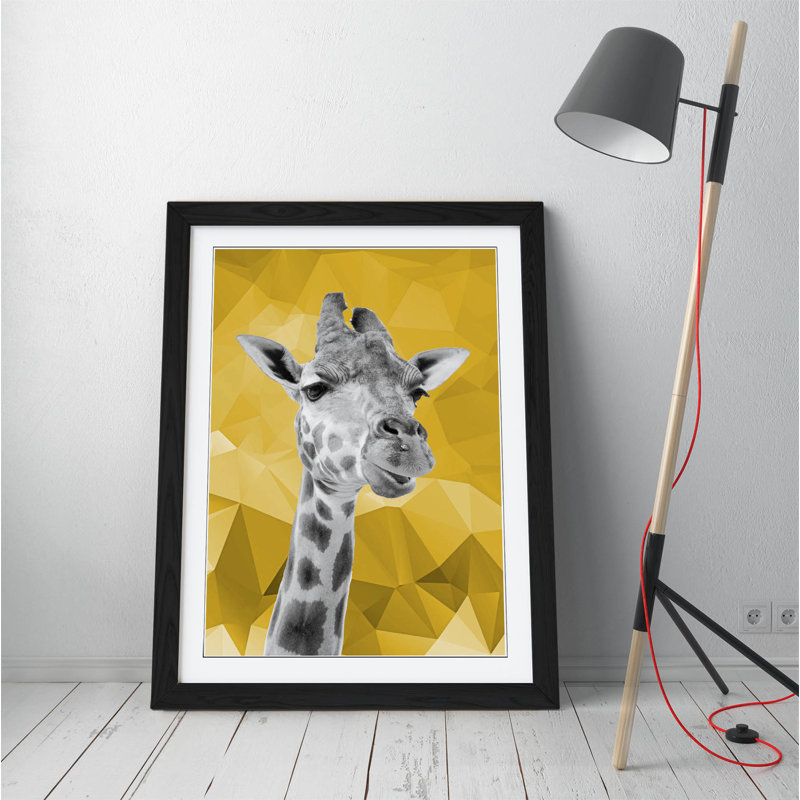Giraffe Black And White Yellow Mustard Geo - Single Picture Frame Print on Canvas, Black Frame, 35cm H x 26cm W x 2cm D 