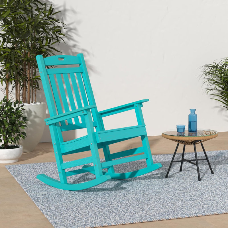 Patio Rocking Chair, Outdoor Plastic Oversized Rocker Chair for Porch, Lawn, Garden, Blue