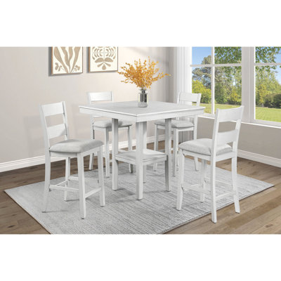 Rustic Farmhouse 5-Pc Counter Height Dining Set Square Table Wood Top Bottom Display Shelf Linen Look Fabric Upholstery Chair Wooden Dining Room Furniture Cream White Wood Drift Wood Finish Dinette