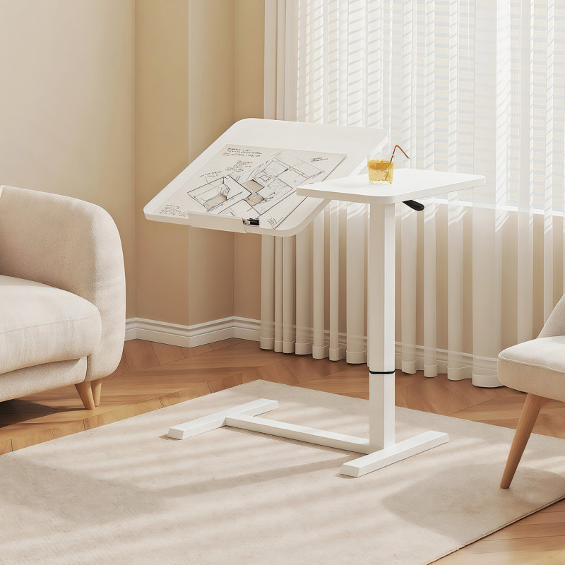 Overbed Bedside Desk, Mobile Rolling Laptop Stand Tilting Overbed Table with Wheels, Height Adjustable Tray Bedside Table for Laptop Bed Sofa, WHITE