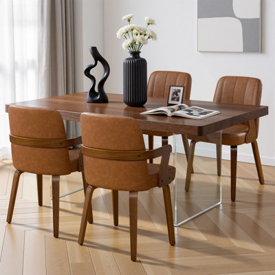 Chaise de salle à manger 19,5 "Mid-Century en similicuir avec accoudoirs, ensemble de chaises rembourrées (ensemble de 4)