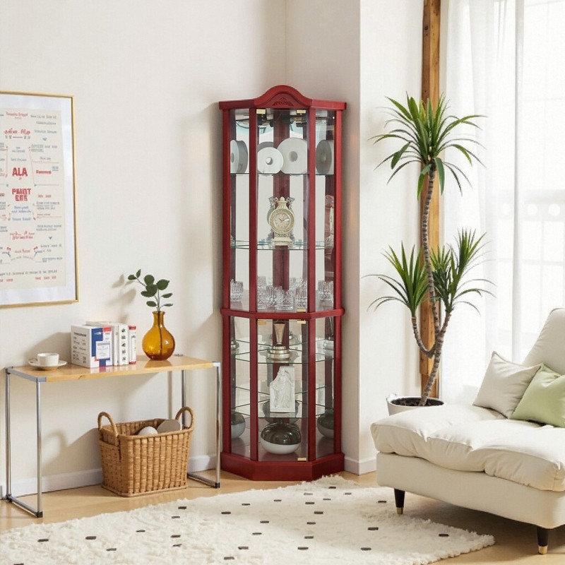 Carved Corner Display Cabinet with Adjustable Glass Shelves, Push-Open Doors for Wine & Collectibles, Dark Brown