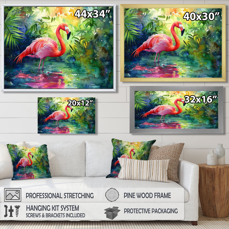 Flamant rose dans la lagune II - flamant rose, art mural, H 34 po x l 44 po, Toile tendue sur cadre, Ne s’applique pas