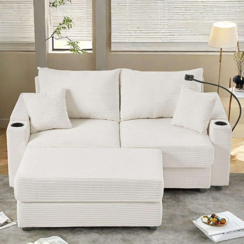 Sectional Sofa With Storage Space, A Movable Ottoman And Two Usb Ports, Beige