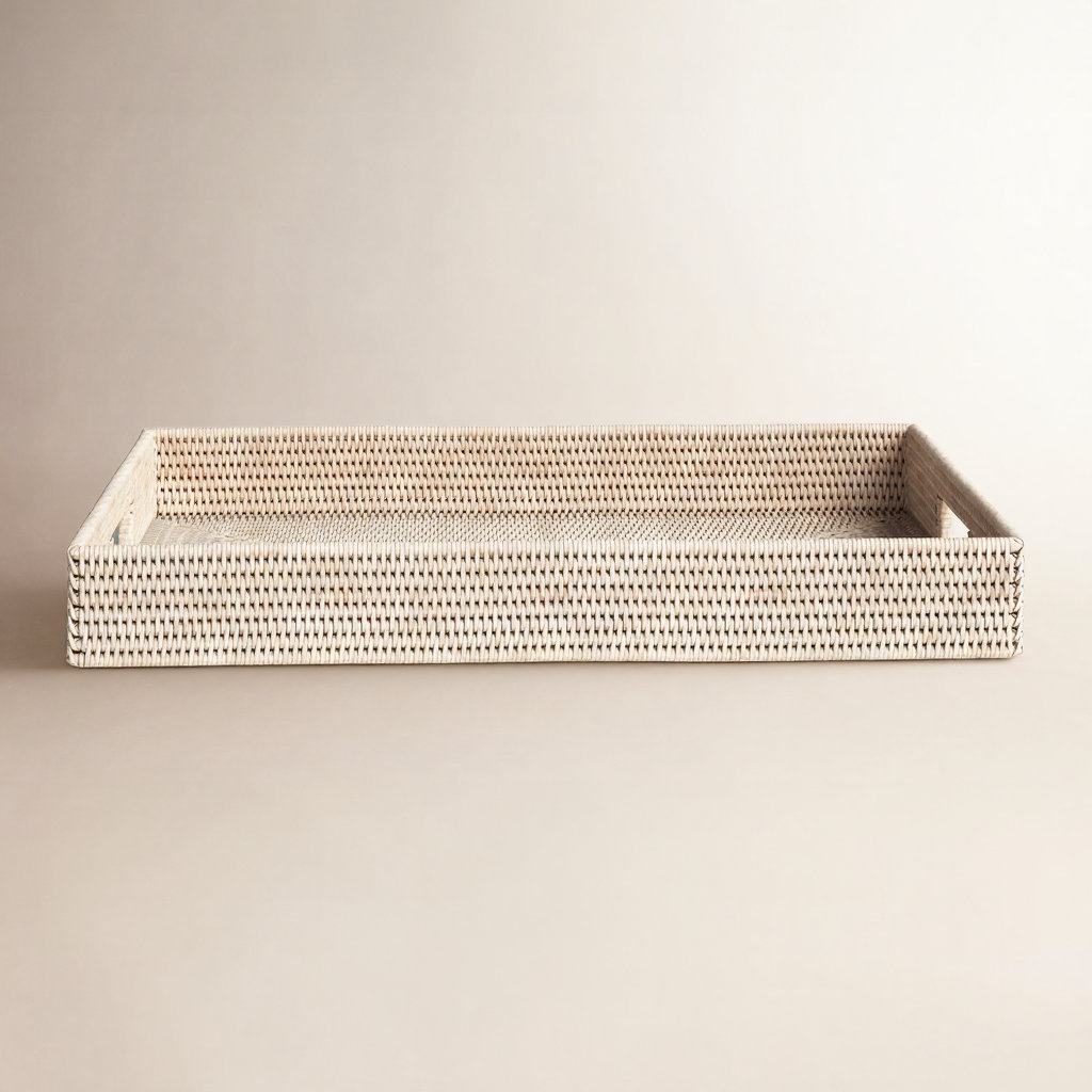 Edmond Rattan Tray - Set of 1, 3" H x 22" L x 15" W, White Wash