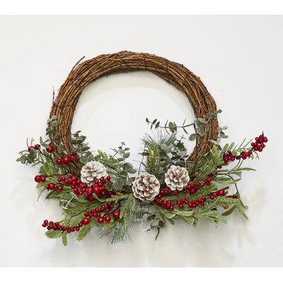 20"" Pine Needle, Pine Cone Red Berries Half Wreath -  Primrue, 89CCEFA3211A4559B4F47D73AC04EE7D