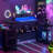 Computer Desk with 2 Fabric Drawers - Reversible Home Office Desk with Power Outlet & LED Lights, Gaming Desk Study Table with Pegboard, Black