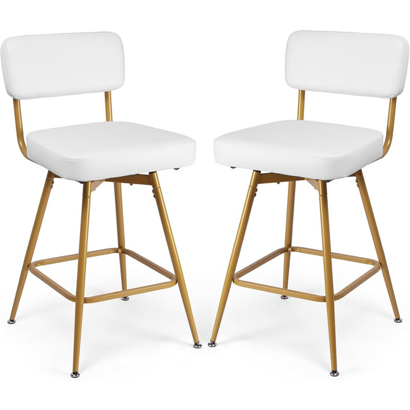 Ensemble de 2 tabourets de bar pivotants à hauteur de comptoir, revêtus de similicuir avec dossier, pieds et repose-pieds en métal, blanc et or
